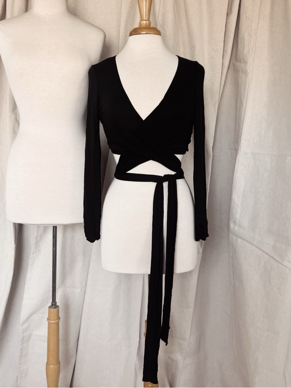 Black Wrap Crop Top with Long Tie - Women